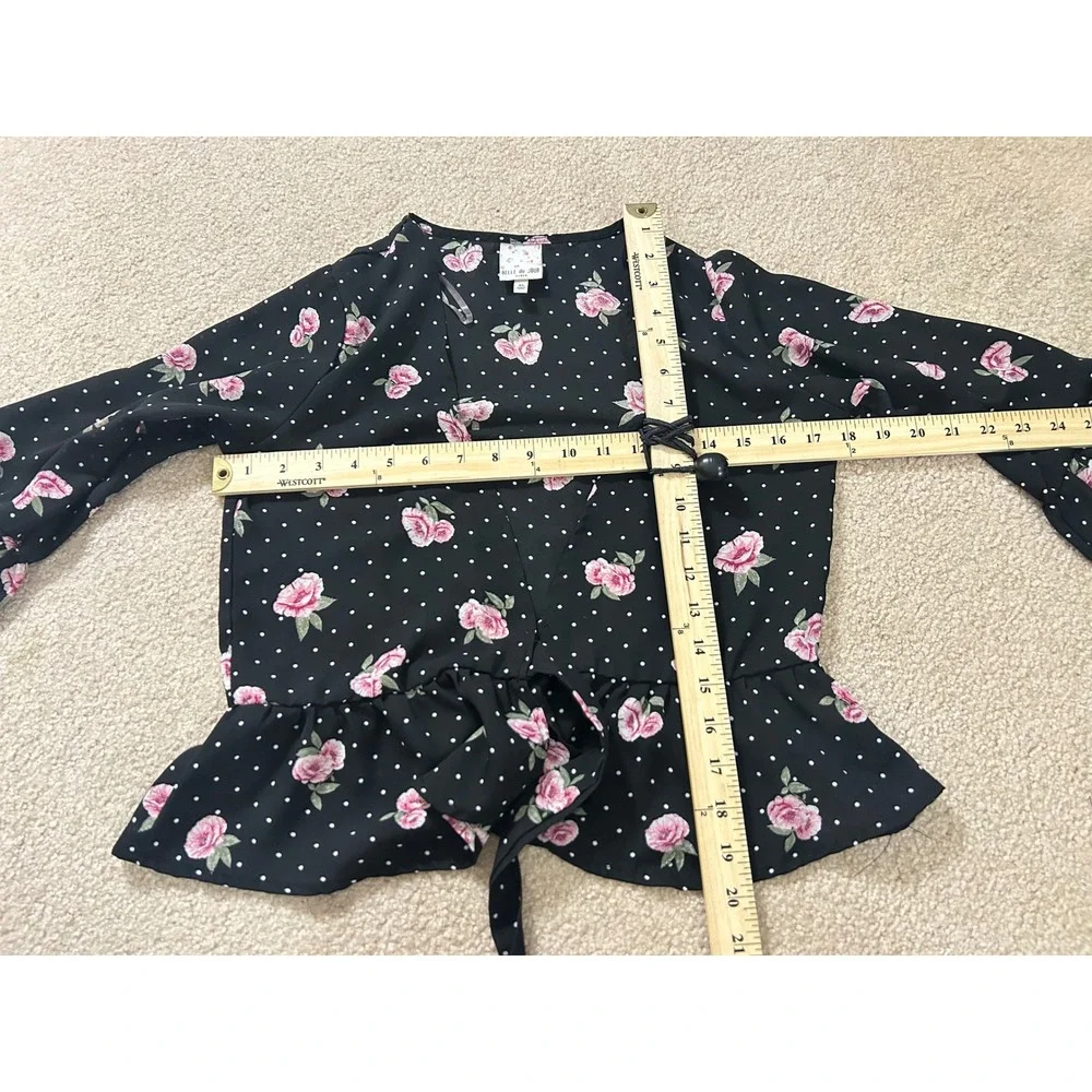 Belle du Jour Girls Black Floral Polka Dot Ruffle‎ Kimono Cardigan Top XL